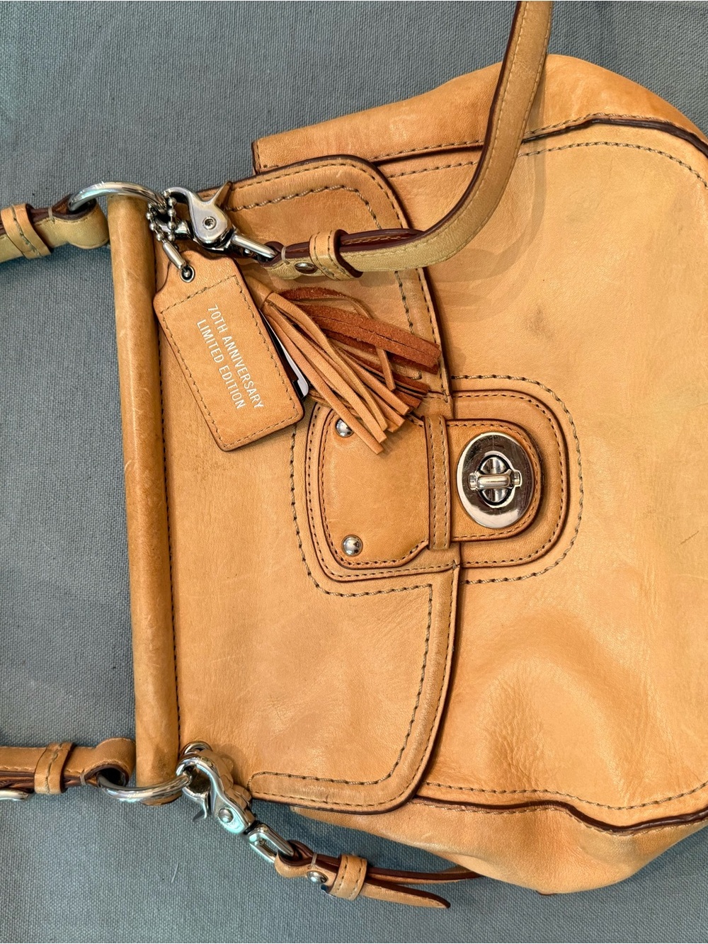 Coach Tan Leather Shoulder Bag with Tassel Charm